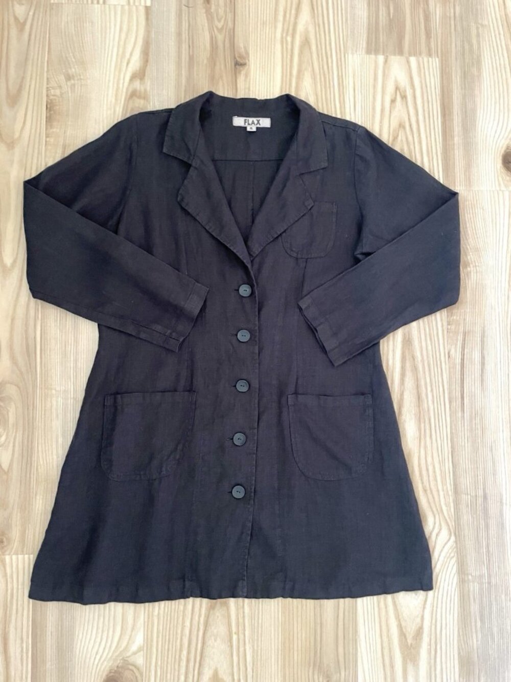 FLAX 100% Linen Long Chore Jacket Button Pockets Coastal Black size Small